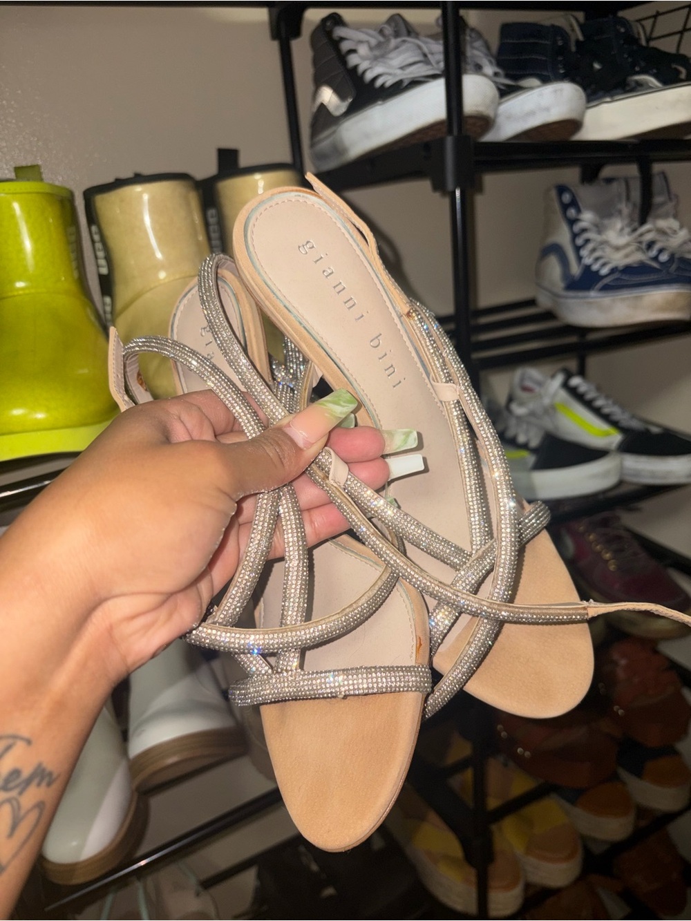 Gianni Bini Champagne Crystal-Strap Heeled Sandals